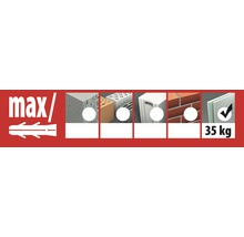 Symbol für maximale Belastung und Eignung für verschiedene Baumaterialien bis 35 Kilogramm