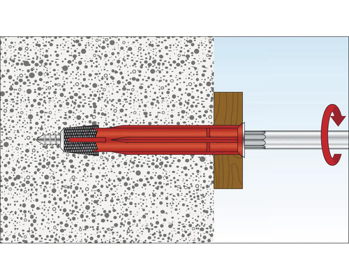Illustration einer Schraube mit Dübel in einer Wand mit Drehbewegung.