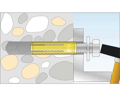 Illustration einer Messinghülse in einer Steinwand mit Schraube