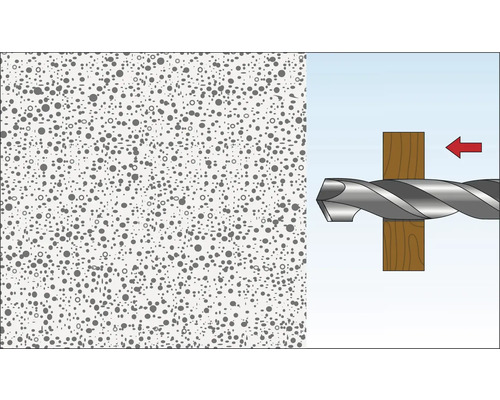 Darstellung einer Bohrung in Porenbeton mit einem Bohrer und einem Holzstück