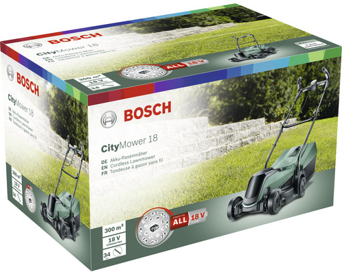 Bosch CityMower 18 Akku-Rasenmäher in Produktverpackung
