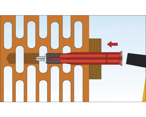 Darstellung der Befestigung einer Schraube mit Dübel in einer Lochwand.