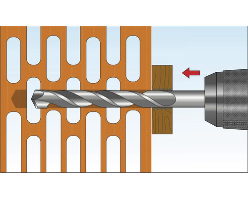 Darstellung einer Bohrmaschine mit Bohrer beim Bohren durch eine Schablone