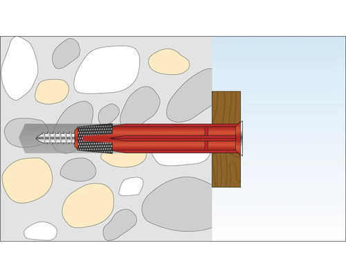Illustration einer Schraube mit Dübel in einer Steinwand mit Holz