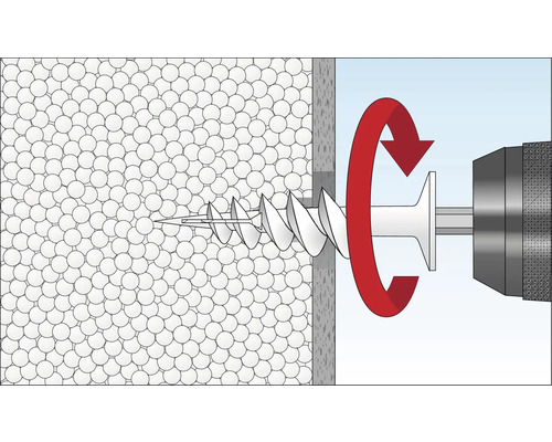 Illustration einer Dämmstoffdübel-Installation mit einem Schraubendreher