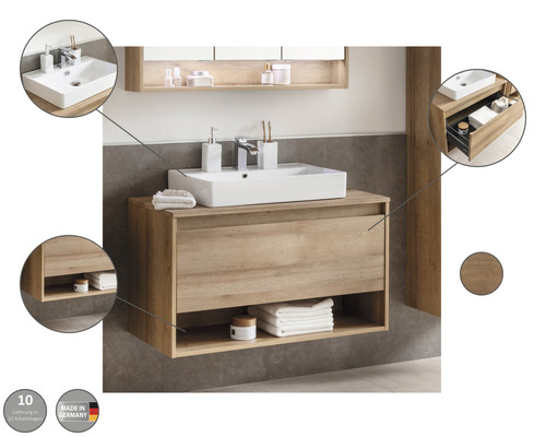 Waschtischunterschrank mit Waschbecken, Spiegelschrank und offenem Fach