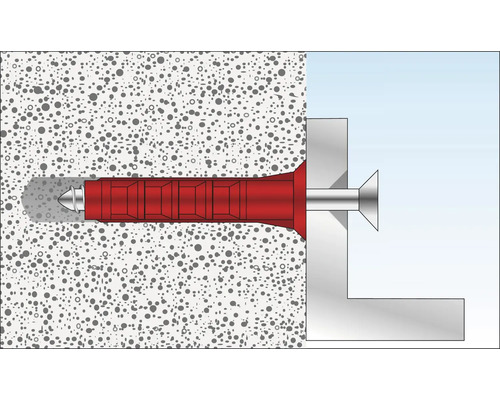 Illustration einer Dübelbefestigung in einer Wand mit Schraube und Bauteil