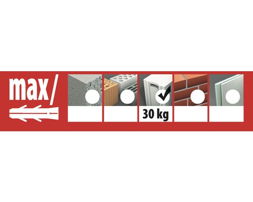 Geeignet für Beton, Lochstein, Hohlblockstein, Vollstein, Backstein und Gipskartonplatten mit maximaler Traglast von 30 kg