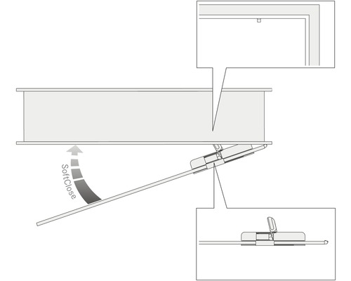 Schemazeichnung eines Möbelbeschlags mit Soft-Close Funktion