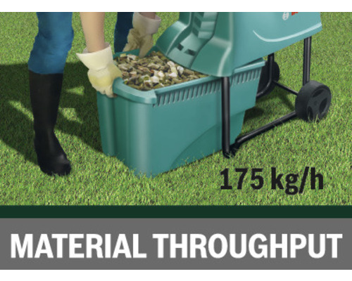 Gartenszene mit Person, die einen Gartenhäcksler mit einem Materialdurchsatz von 175 Kilogramm pro Stunde bedient