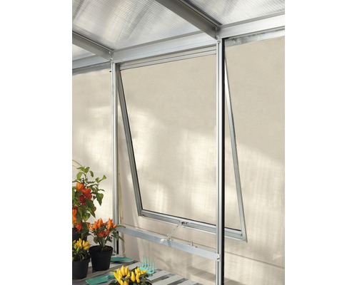 Seitenfenster Vitavia mit Einscheibensicherheitsglas 3 mm 59x79 cm aluminium Geöffnetes Fenster in einem Gewächshaus