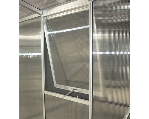 Seitenfenster Vitavia mit 6 mm Hohlkammerplatten 59x79 cm aluminium Geöffnetes Fenster eines Gewächshauses