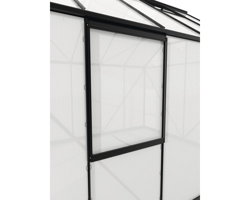 Seitenfenster Vitavia mit Hohlkammerplatte 6 mm 59x79 cm schwarz Nahaufnahme eines Gewächshauses mit Fenster zur Belüftung.