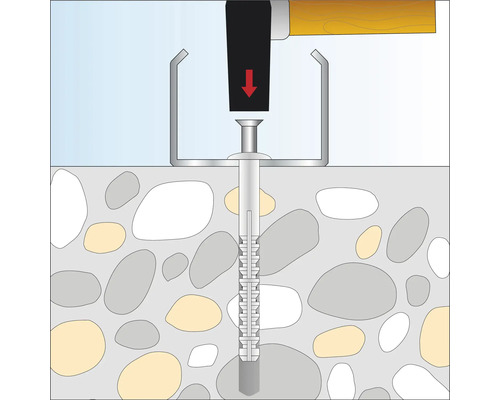 Illustration eines Bolzenankers, der mit einem Hammer und Setzwerkzeug in Stein befestigt wird