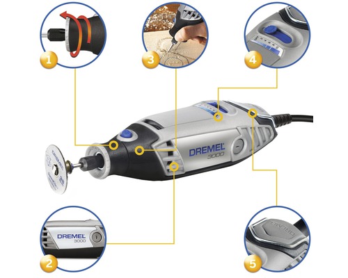 Dremel 3000 Multifunktionswerkzeug mit verschiedenen Aufsätzen und Detailansichten
