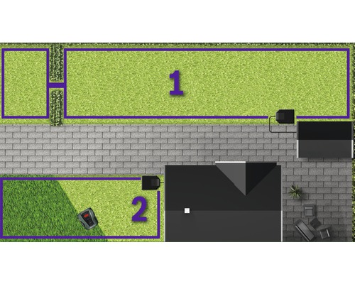 Draufsicht eines Gartens mit zwei Rasenflächen und einem Mähroboter