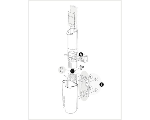 Explosionszeichnung eines Aquarieninnenfilters mit Pumpe, Saugnapf und Filtermedien