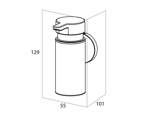Technische Zeichnung eines Seifenspenders mit Maßangaben.