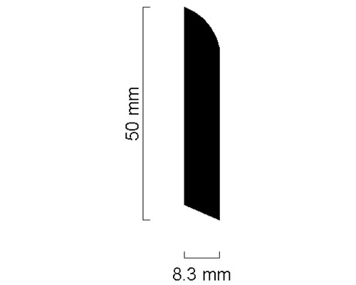 Skizze einer Zierleiste mit Maßangaben 50 mm Höhe und 8,3 mm Breite
