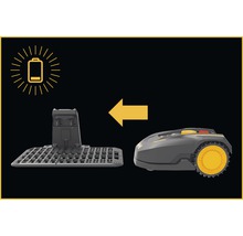 Rasenroboter beim Aufladen in der Ladestation mit Batteriesymbol