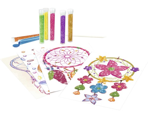 Glitzer-Malschablonen mit Motiven von Traumfängern, inklusive Glitzerstaub und Werkzeug.