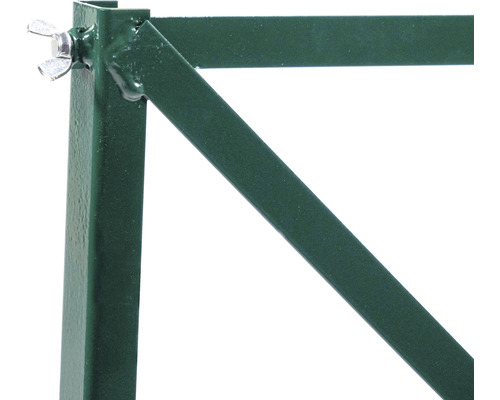Detailansicht eines grünen Metallgestells mit Flügelmutter