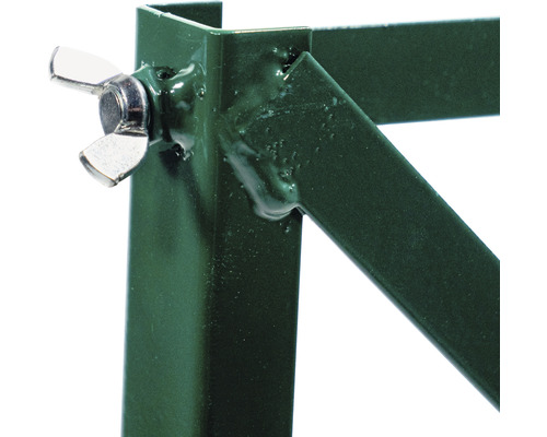 Detailaufnahme einer grünen Metallhalterung mit Flügelmutter