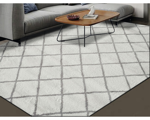 Teppich mit Rautenmuster unter Sofa und Tisch