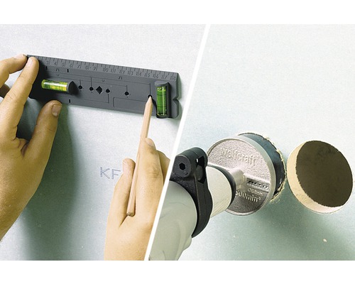 Person verwendet eine Wasserwaage und einen Bleistift an einer Wand und verwendet eine Lochsäge für ein Loch