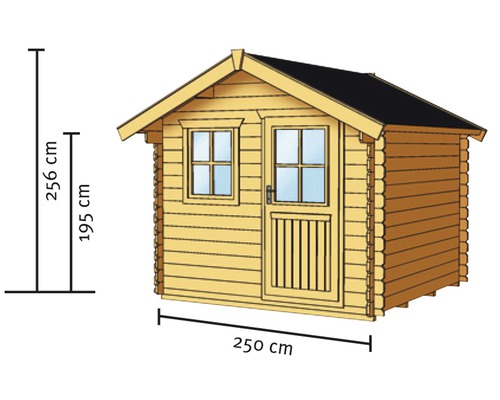 Abbildung eines Gartenhauses mit den Maßen 250 cm Breite, 195 cm Seitenhöhe und 256 cm Gesamthöhe.