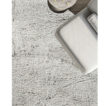 Detailansicht eines Wohnzimmers mit flauschigem Teppich, Sofa und kleinem Tisch
