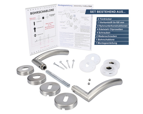 Türdrücker-Garnitur aus Edelstahl mit Montagematerial und Bohrschablone