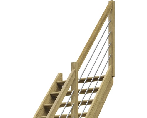 Holztreppe mit Geländer und Metallstäben