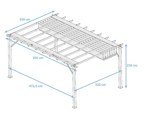 Illustration einer freistehenden Pergola mit Größenangaben