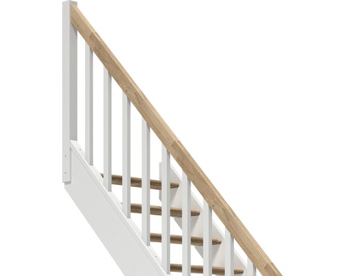 Treppe mit weißem Geländer und Holzhandlauf
