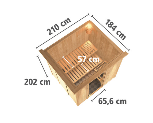 Elementsauna Karibu Sodina inkl. 9 kW Ofen u.integr.Steuerung und Dachkranz mit bronzierter Ganzglastüre