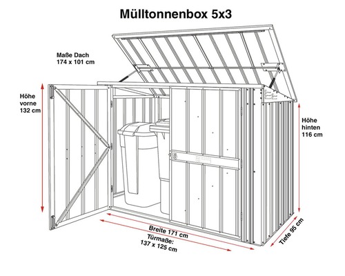 Technische Zeichnung einer Mülltonnenbox mit Maßangaben.