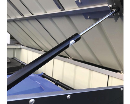 Detailansicht einer Mülltonnenbox mit Gasdruckfeder zur Deckelunterstützung