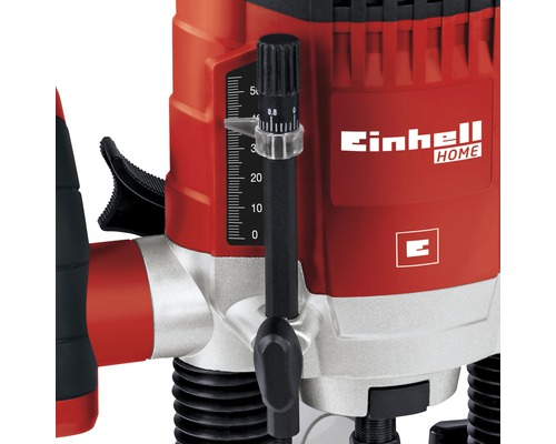 Detailansicht einer Einhell Oberfräse mit Tiefeneinstellung und Einhell Home Logo