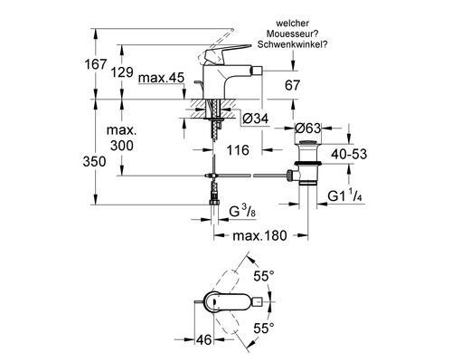 Maße des Wasserhahns mit Ablaufgarnitur