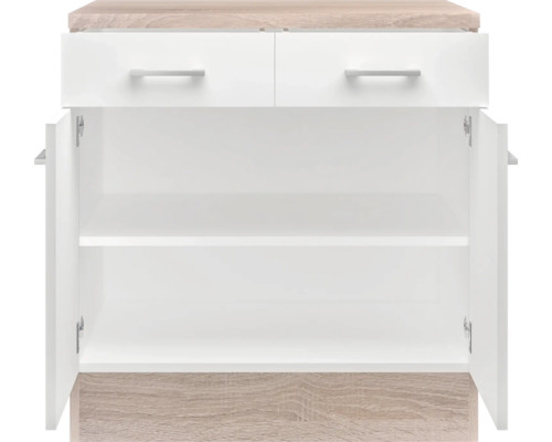 Weißer Unterschrank mit zwei Schubladen und offenen Türen.