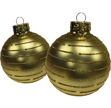Zwei goldfarbene Weihnachtskugeln mit Glitzerstreifen