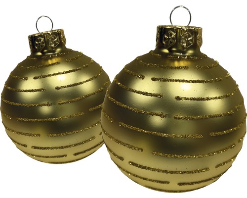 Zwei goldfarbene Weihnachtskugeln mit Glitzerstreifen