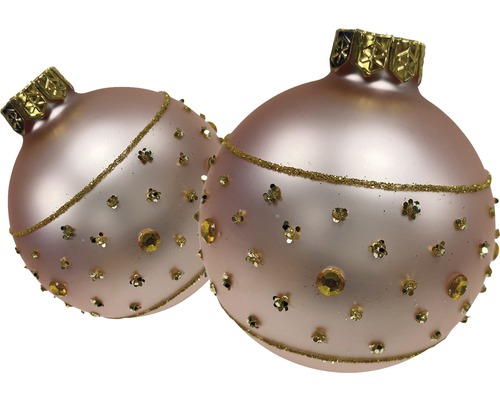 Zwei Christbaumkugeln mit Zierstreifen und Schmucksteinen