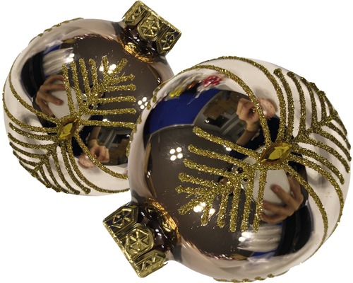 Zwei Christbaumkugeln mit goldenem Dekor