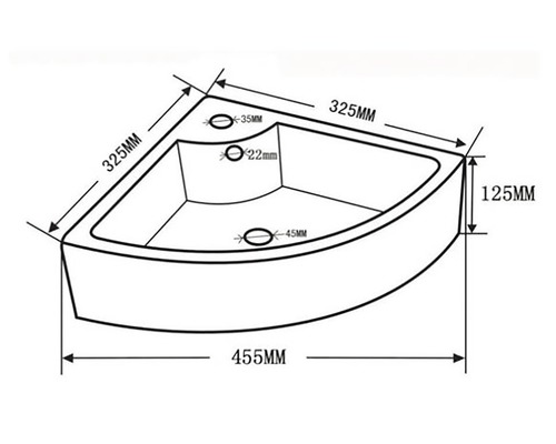 Technische Zeichnung einer Eckbadewanne mit Maßangaben