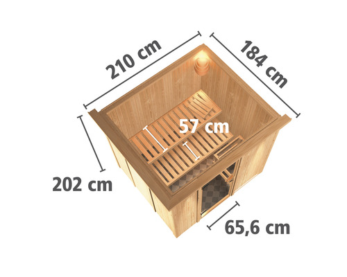 Elementsauna Karibu Sodina ohne Ofen mit Dachkranz und bronzierter Ganzglastüre