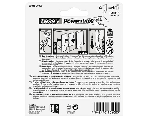 Tesa Powerstrips Klebehaken Groß, wiederablösbar, zwei Stück mit vier Klebestreifen