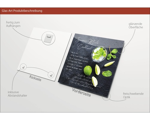 Glasbild mit Cocktailrezept und Befestigungsmaterial für die Wand