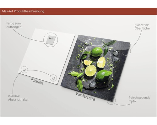 Glasbild mit Limetten-Motiv, inklusive Aufhängung und Abstandshalter
